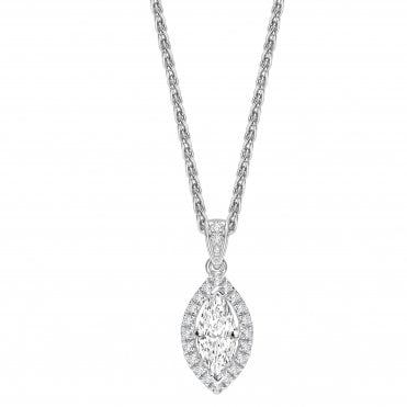 18ct White Gold Marquise Cut Diamond Set Halo Pendant - 0.50ct Diamond