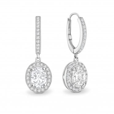 18ct White Gold Oval Cut Diamond Halo Dangle Huggie Hoop Earrings - 1.50ct Diamonds