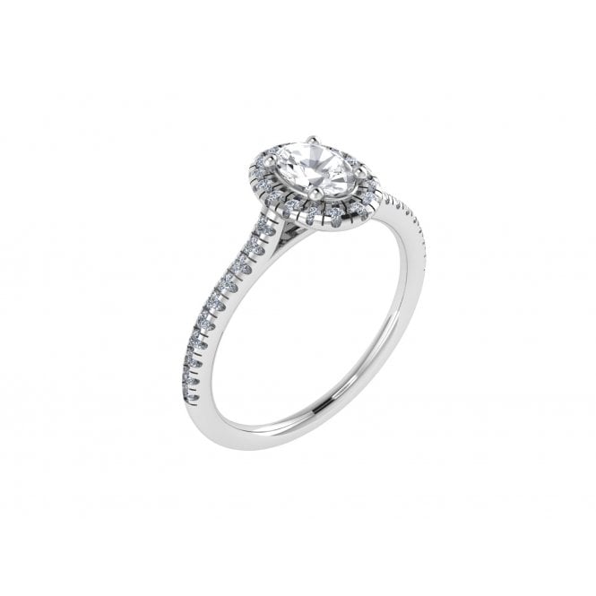 18ct White Gold Oval Cut Lab Diamond Halo Solitaire Ring with Diamond Set Shoulders