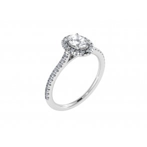 18ct White Gold Oval Cut Lab Diamond Halo Solitaire Ring With Diamond Set Shoulders