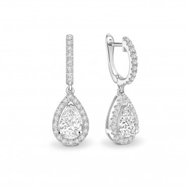 18ct White Gold Pear Cut Diamond Halo Dangle Huggie Hoop Earrings - 1.50ct Diamonds