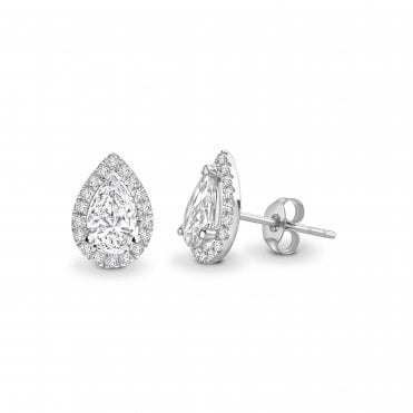 18ct White Gold Pear Cut Diamond Halo Stud Earrings - 0.60ct Diamonds