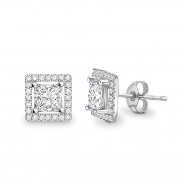 18ct White Gold Princess Cut Diamond Halo Stud Earrings - 0.44ct Diamonds