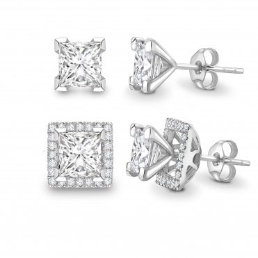 18ct White Gold Princess Cut Diamond Solitaire Earrings With Fancy Removable Diamond Set Halo - 1.00ct Diamonds