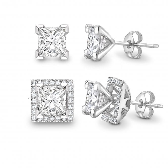 18ct White Gold Princess Cut Diamond Solitaire Earrings With Fancy Removable Diamond Set Halo - 1.50ct Diamonds