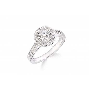 18ct White Gold Round Shoulder Set Diamond Halo Engagement Ring