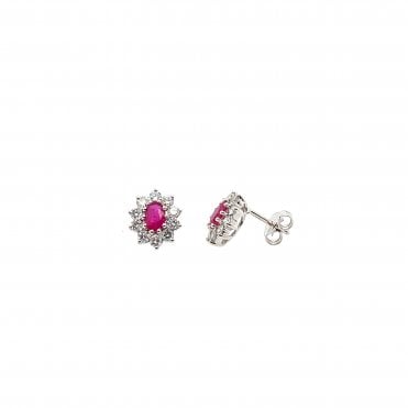 18ct White Gold Ruby & Diamond Daisy Cluster Stud Earrings