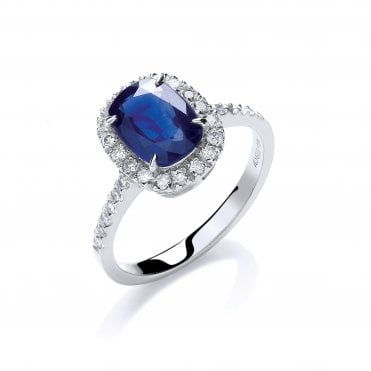 18ct White Gold Shoulder Set 1.75ct Cushion Cut Sapphire & 0.25ct Diaimond Halo Ring