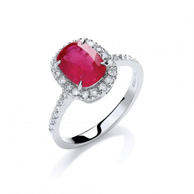 18ct White Gold Shoulder Set 1.90ct Cushion Cut Ruby & 0.25ct Diamond Halo Ring