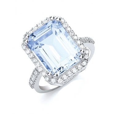 18ct White Gold Shoulder Set 6.25ct Emerald Cut Aqumarine & 0.40ct Diamond Halo Ring