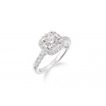 18ct White Gold Square Shoulder Set Diamond Halo Engagement Ring