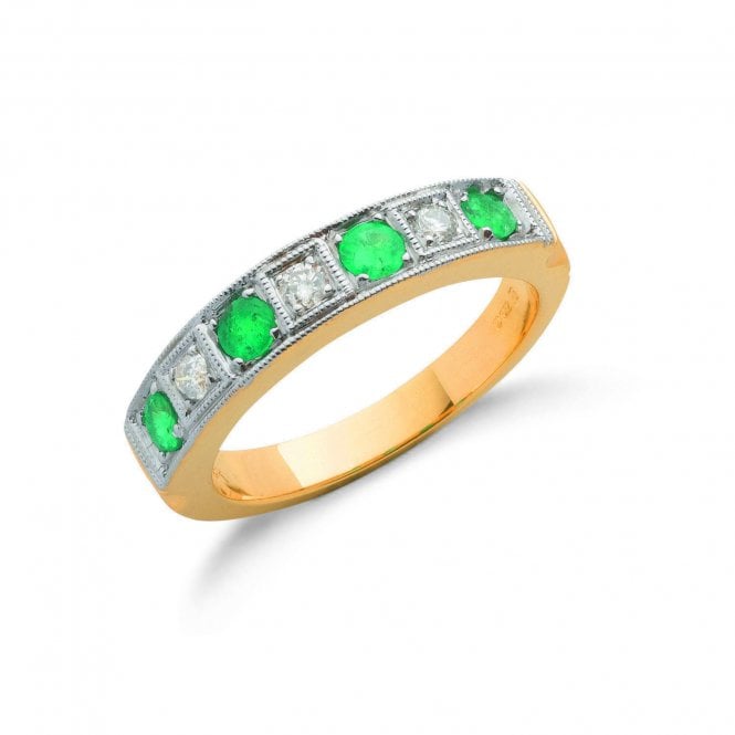 18ct Yellow Gold 0.75ct Emerald & 0.15ct Diamond Half Eternity Ring