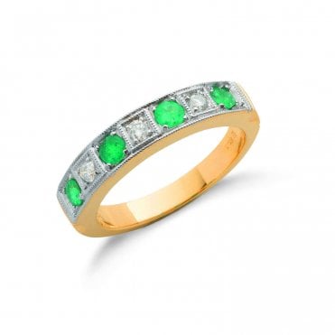 18ct Yellow Gold 0.75ct Emerald & 0.15ct Diamond Half Eternity Ring