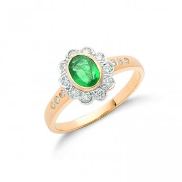 18ct Yellow Gold 0.75ct Rubover Set Emerald & 0.30ct Diamond Cluster Ring