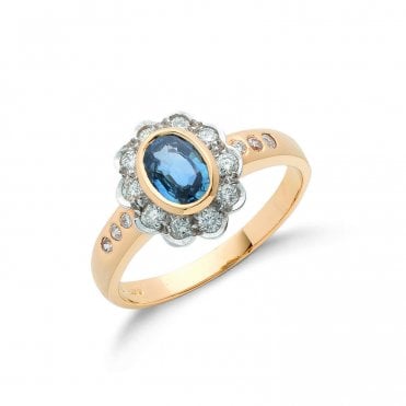 18ct Yellow Gold 0.90ct Rubover Set Blue Sapphire & 0.36ct Diamond Cluster Ring