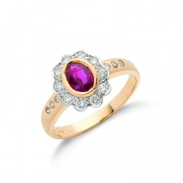 18ct Yellow Gold 0.90ct Rubover Set Ruby & 0.36ct Diamond Cluster Ring