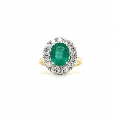18ct Yellow Gold 2.46ct Oval Cut Emerald & Diamond Cluster Ring