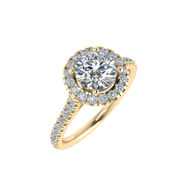 18ct Yellow Gold Brilliant Cut Lab Diamond Halo Solitaire Ring with Diamond Set Shoulders