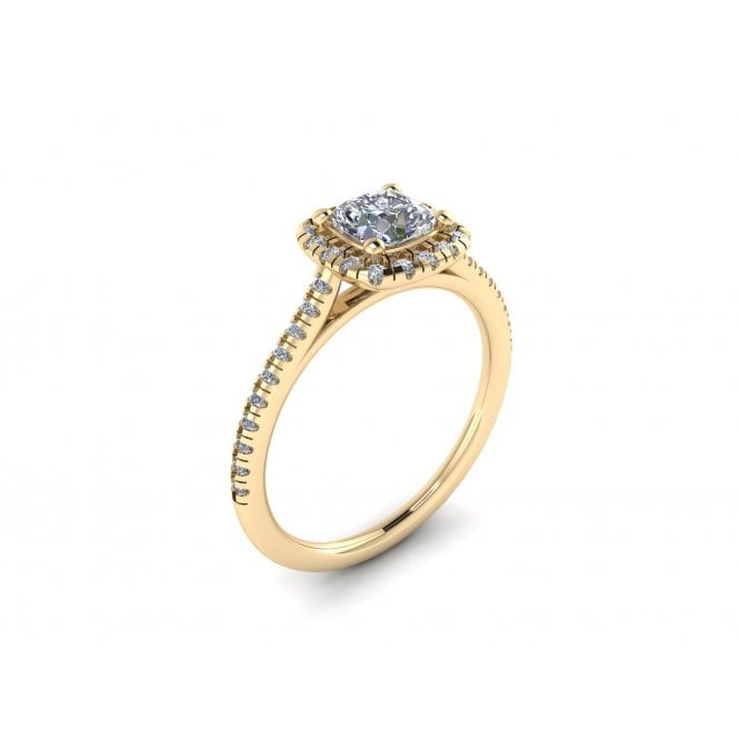 18ct Yellow Gold Cushion Cut Lab Diamond Halo Solitaire Ring with Diamond Set Shoulders