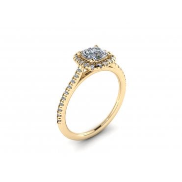 18ct Yellow Gold Cushion Cut Lab Diamond Halo Solitaire Ring With Diamond Set Shoulders