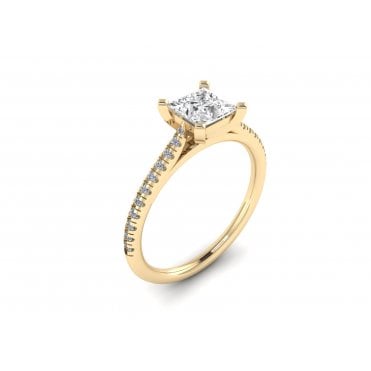18ct Yellow Gold Cushion Cut Lab Diamond Solitaire Ring With Diamond Set Shoulders