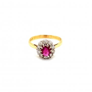 18ct Yellow Gold Diamond & Oval Ruby Cluster Ring