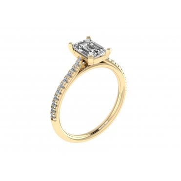 18ct Yellow Gold Emerald Cut Lab Diamond Solitaire Ring With Diamond Set Shoulders
