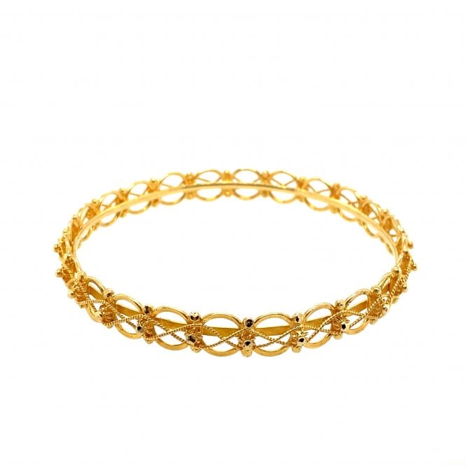 18ct Yellow Gold Fancy Cut Out Solid Bangle - 6.5"
