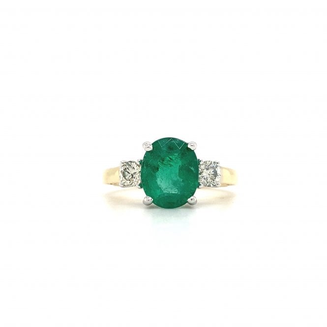 18ct Yellow Gold Oval Cut 2.47ct Emerald & Diamond 3 Stone Ring