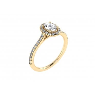 18ct Yellow Gold Oval Cut Lab Diamond Halo Solitaire Ring With Diamond Set Shoulders