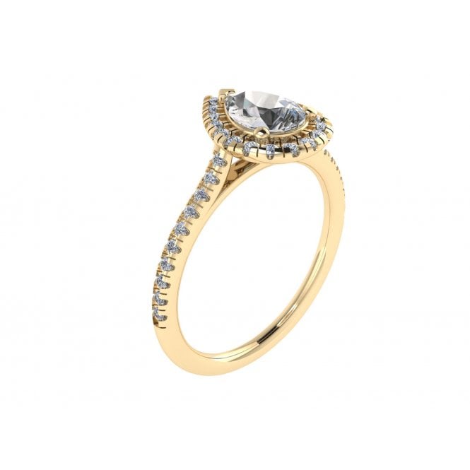 18ct Yellow Gold Pear Cut Lab Diamond Halo Solitaire Ring with Diamond Set Shoulders