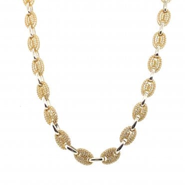 9ct Long Two-tone Gold Gem-Set Puffed Mariner/Coffee Bean Chain - 32