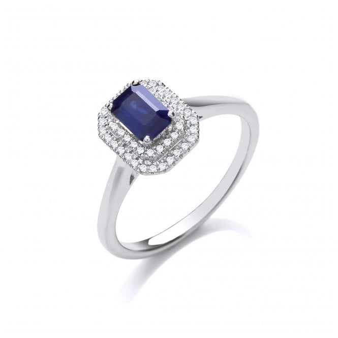 9ct White Gold 0.70ct Emerald Cut Sapphire & 0.10ct Diamond Double Halo Ring
