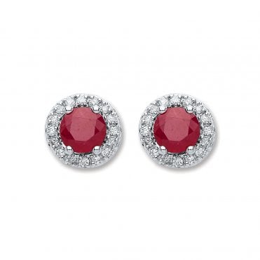 9ct White Gold 0.90ct Ruby & 0.15ct Diamond Halo Stud Earrings
