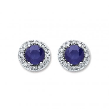 9ct White Gold 1.20ct Sapphire & 0.15ct Diamond Halo Stud Earrings