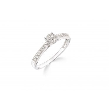 9ct White Gold Diamond Shoulder Set Cluster Engagement Ring