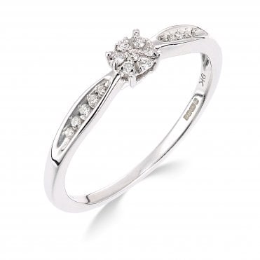 9ct White Gold Diamond Shoulder Set Cluster Engagement Ring
