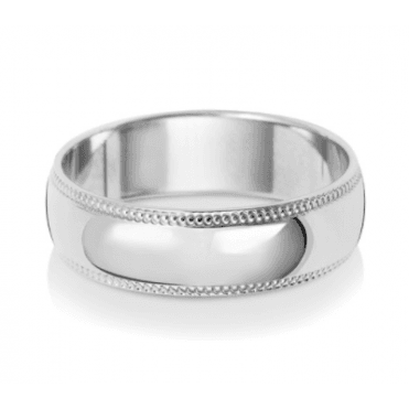 9ct White Gold Millgrain Wedding Band Ring - 6MM