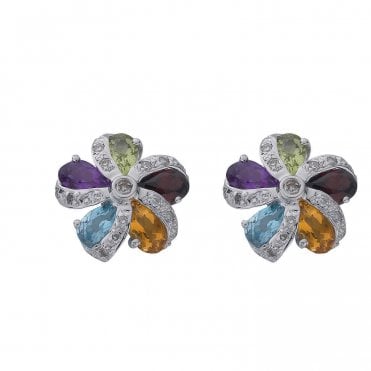 9ct White Gold Pear Cut Multi Gemstone & Diamond Fancy Flower Earrings