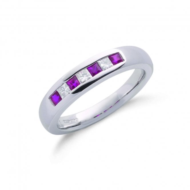 9ct White Gold Princess Cut 0.35ct Ruby & 0.20ct Diamond Channel Set Half Eternity Ring