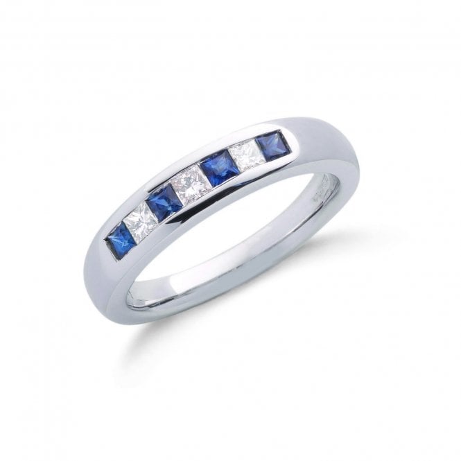9ct White Gold Princess Cut 0.35ct Sapphire & 0.20ct Diamond Channel Set Half Eternity Ring
