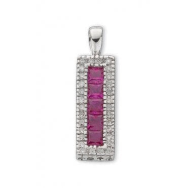 9ct White Gold Princess Cut 0.70ct Ruby & 0.16ct Diamond Rectangal Pendant