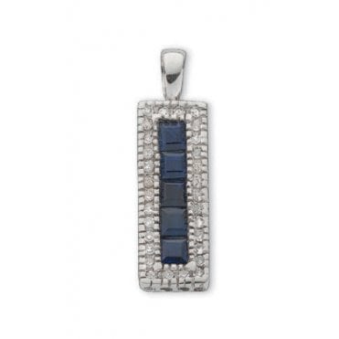 9ct White Gold Princess Cut 0.70ct Sapphire & 0.16ct Diamond Rectangal Pendant