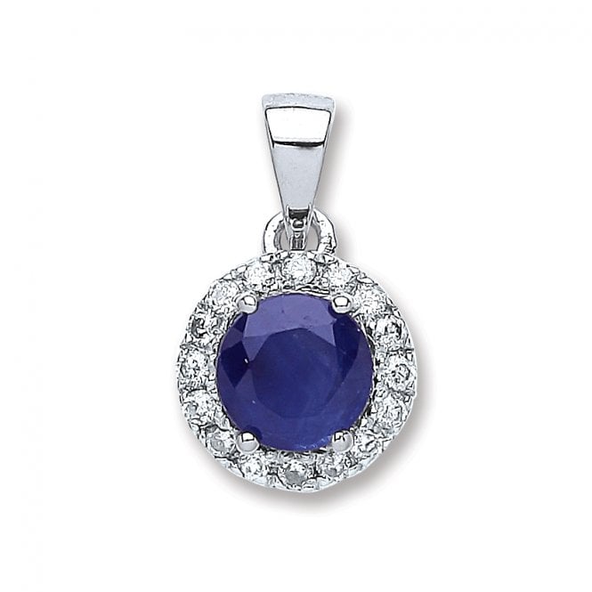 9ct White Gold Round 0.60ct Sapphire & 0.15ct Diamond Halo Pendant