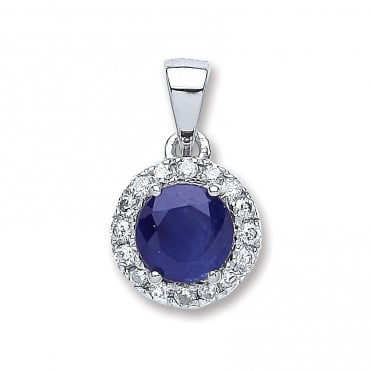 9ct White Gold Round 0.60ct Sapphire & 0.15ct Diamond Halo Pendant