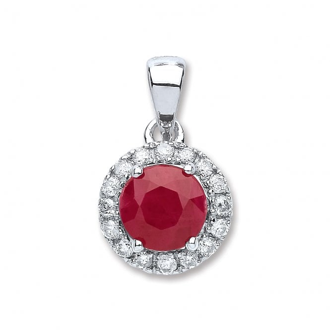 9ct White Gold Round 0.80ct Ruby & 0.15ct Diamond Halo Pendant