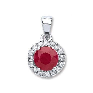 9ct White Gold Round 0.80ct Ruby & 0.15ct Diamond Halo Pendant