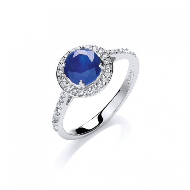 9ct White Gold Shoulder Set 0.65ct Sapphire & 0.20ct Diamond Halo Ring