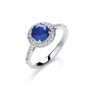 9ct White Gold Shoulder Set 0.65ct Sapphire & 0.20ct Diamond Halo Ring