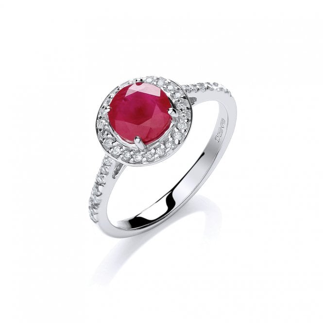 9ct White Gold Shoulder Set 0.70ct Ruby & 0.20ct Diamond Halo Ring